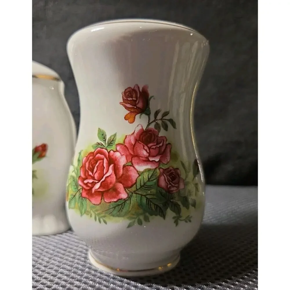 Vntg Porcelain Victorian Rose Salt & Pepper Shakers With Napkin Holder